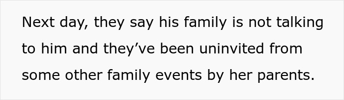 Text on a gray background reading about family not talking to someone and being uninvited from events after wedding guests shocked and confused by couple's elopement.