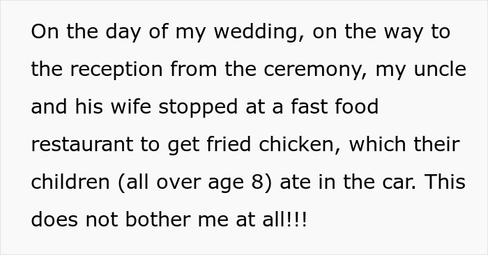 Bride spends months planning elegant wedding, disrupted by rude aunt and fast-food wrappers with grease mess. Bride spends months planning elegant wedding, disrupted by rude aunt and fast-food wrappers with grease mess.