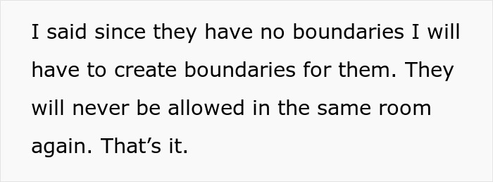 Text stating a woman setting firm boundaries after fiancé and cousin were caught in bathroom together during party. Text stating a woman setting firm boundaries after fiancé and cousin were caught in bathroom together during party.