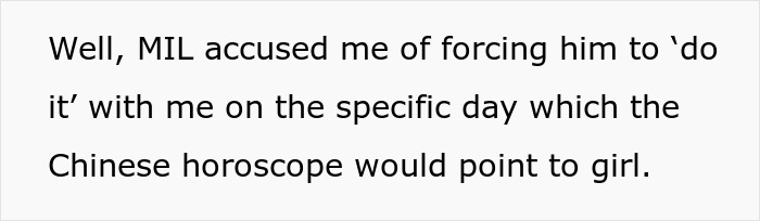 Text excerpt discussing MIL accusing pregnant DIL of manipulating baby's gender using Chinese horoscope predictions. Text excerpt discussing MIL accusing pregnant DIL of manipulating baby's gender using Chinese horoscope predictions.