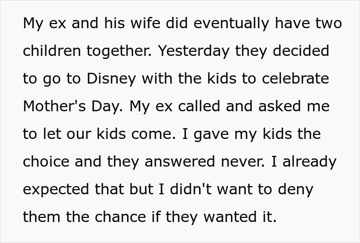 Text excerpt about stepmom causing drama as kids refuse to celebrate Mother's Day together with her and their dad. Text excerpt about stepmom causing drama as kids refuse to celebrate Mother's Day together with her and their dad.