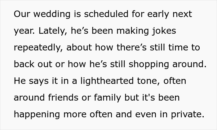 Text excerpt describing a groom-to-be making cold feet jokes repeatedly before the wedding, causing concern. Text excerpt describing a groom-to-be making cold feet jokes repeatedly before the wedding, causing concern.