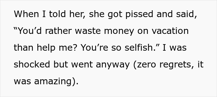 Text showing a conversation where mom shames sister for going on a trip instead of providing endless babysitting help. Text showing a conversation where mom shames sister for going on a trip instead of providing endless babysitting help.