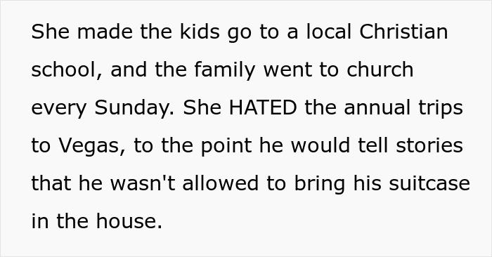 Text about family avoiding Vegas trips, with a man mocking coworker for not having fun and leaving escort cards. Text about family avoiding Vegas trips, with a man mocking coworker for not having fun and leaving escort cards.