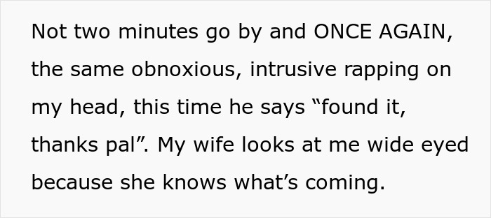 Text describing an obnoxious guy slapping a napping passenger’s head to get attention, nearly causing a conflict.
