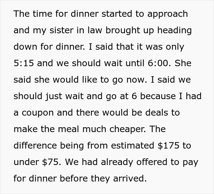 Man wants to save $100 on dinner with coupon but gets accused of being cheap by sister-in-law.