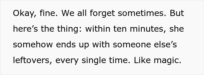 Text excerpt from a note discussing lunch theft and workers labeling their food to protect it from being stolen. Text excerpt from a note discussing lunch theft and workers labeling their food to protect it from being stolen.