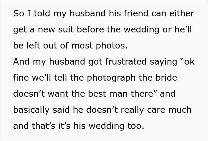 Bride wants to exclude best man from wedding photos due to his outfit, causing frustration over stereotypical American expectations. Bride wants to exclude best man from wedding photos due to his outfit, causing frustration over stereotypical American expectations.
