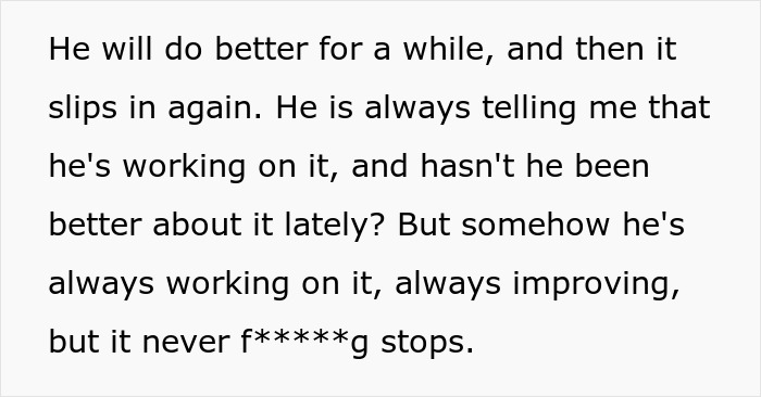 Text showing frustration over husband's bad memory, with a wife threatening cold showers as a consequence. Text showing frustration over husband's bad memory, with a wife threatening cold showers as a consequence.