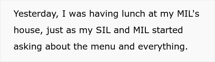 Text snippet showing a conversation about lunch, SIL, MIL, and questions about the menu, related to food options conflict. Text snippet showing a conversation about lunch, SIL, MIL, and questions about the menu, related to food options conflict.