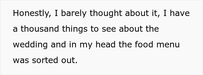 Text about wedding food options being closed and no changes for vegan sister-in-law causing drama. Text about wedding food options being closed and no changes for vegan sister-in-law causing drama.