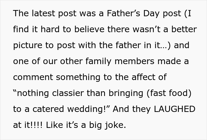 Bride spends months planning elegant wedding disrupted by rude aunt’s fast-food wrappers and grease at event. Bride spends months planning elegant wedding disrupted by rude aunt’s fast-food wrappers and grease at event.