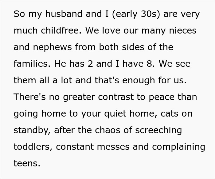 Text excerpt about a child-free lady explaining her peaceful life and relationship with nieces and nephews. Text excerpt about a child-free lady explaining her peaceful life and relationship with nieces and nephews.