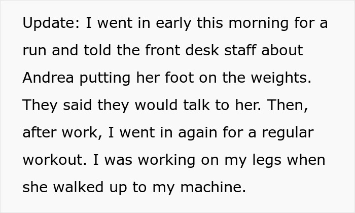 Text update about a man’s gym experience as he avoids gym stalker who hurls weights after rejection. Text update about a man’s gym experience as he avoids gym stalker who hurls weights after rejection.