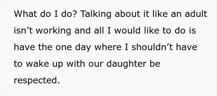Text expressing frustration about lack of respect for one lazy morning as wife sacrifices sleep on Sunday deal. Text expressing frustration about lack of respect for one lazy morning as wife sacrifices sleep on Sunday deal.