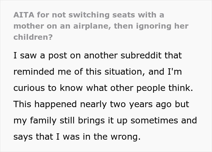 Text post discussing AITA for not switching seats with a mother on an airplane and ignoring her children. Text post discussing AITA for not switching seats with a mother on an airplane and ignoring her children.