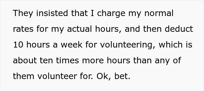Text snippet highlighting an employee's claim about actual work hours and volunteering in a non-profit dispute. Text snippet highlighting an employee's claim about actual work hours and volunteering in a non-profit dispute.