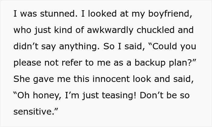 Text message excerpt showing a woman shocked after being called a downgrade by boyfriend’s mom and compared to his classy ex.