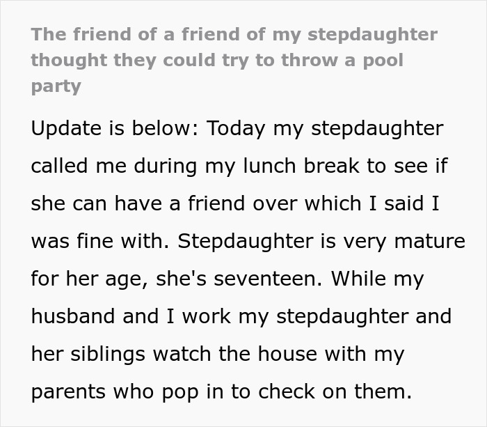 Teen stepdaughter hosting a friend at a pool party with mature supervision from parents and family members.