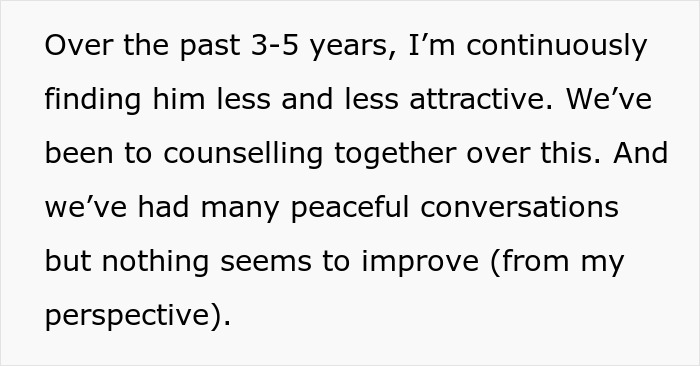Text excerpt describing a wife feeling grossed out by her husband and struggling to improve their relationship despite counseling. Text excerpt describing a wife feeling grossed out by her husband and struggling to improve their relationship despite counseling.