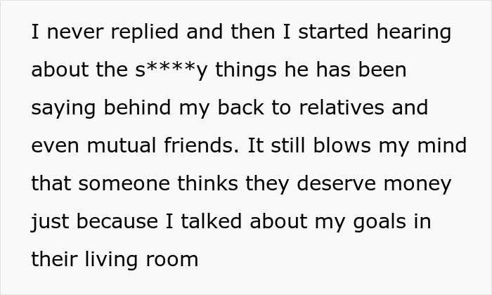 Screenshot of text about a guy trying to cash in on a job cousin found through a friend’s conversation. Screenshot of text about a guy trying to cash in on a job cousin found through a friend’s conversation.