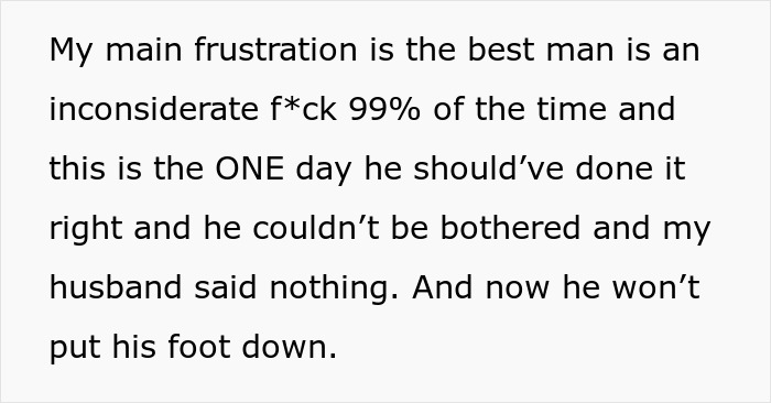 Text excerpt showing frustration with best man’s outfit on wedding day, related to stereotypical American bride concerns. Text excerpt showing frustration with best man’s outfit on wedding day, related to stereotypical American bride concerns.