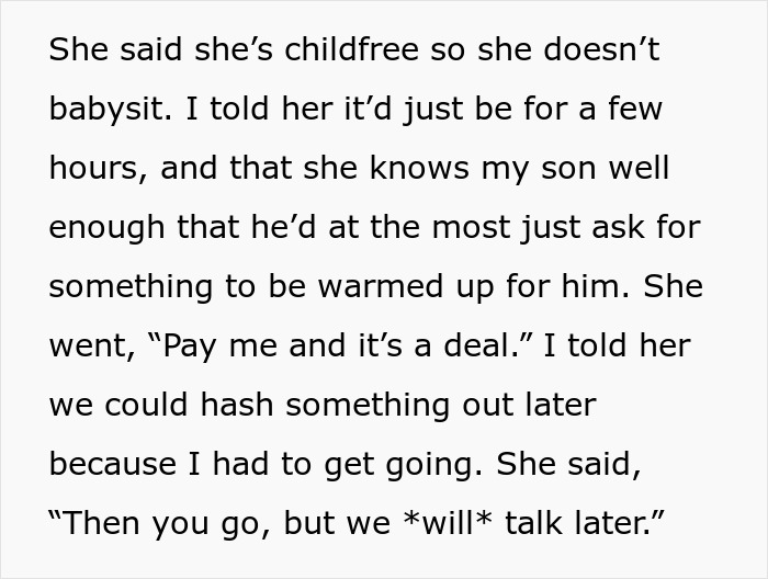 Text about a man needing help to watch his son during an emergency and niece asking for $100 babysitting fee. Text about a man needing help to watch his son during an emergency and niece asking for $100 babysitting fee.