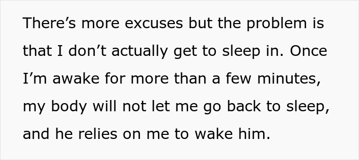 Wife sacrifices sleep while husband enjoys lazy Sunday mornings, creating a one-sided effort in their routine. Wife sacrifices sleep while husband enjoys lazy Sunday mornings, creating a one-sided effort in their routine.