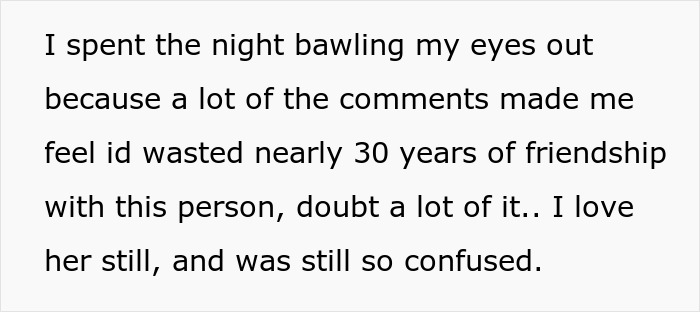 Text excerpt revealing emotional response about a friendship tested over psoriasis and wedding body makeup conflict. Text excerpt revealing emotional response about a friendship tested over psoriasis and wedding body makeup conflict.
