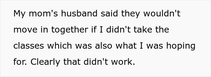 Text showing a teen explaining fears of being set up to babysit autistic stepbrother and refusing to take related classes.