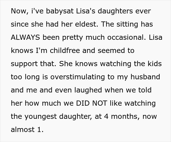Text excerpt about a child-free lady explaining her occasional babysitting experience for her sister’s daughters. Text excerpt about a child-free lady explaining her occasional babysitting experience for her sister’s daughters.