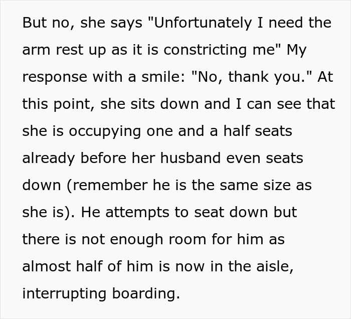 Obese woman insists passenger raise armrest on crowded flight, flight attendant intervenes to resolve seating issue. Obese woman insists passenger raise armrest on crowded flight, flight attendant intervenes to resolve seating issue.