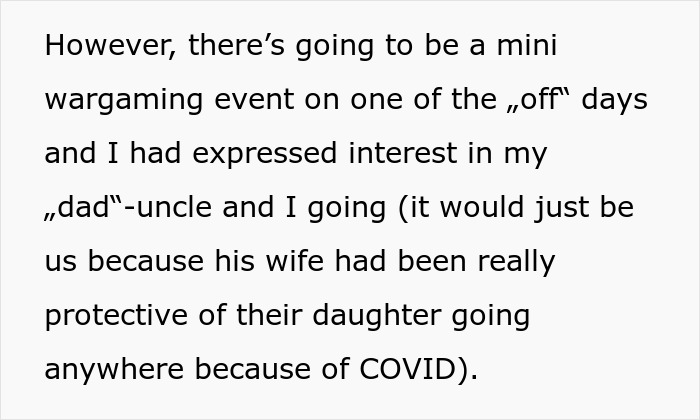 Screenshot of text about a mini wargaming event and protective family concerns during COVID on off days. Screenshot of text about a mini wargaming event and protective family concerns during COVID on off days.