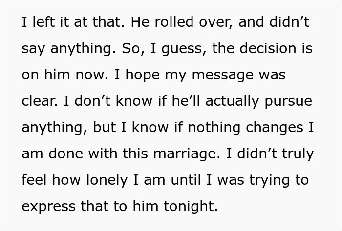 Text excerpt showing a wife expressing feelings of loneliness and frustration in her marriage after being grossed out by husband. Text excerpt showing a wife expressing feelings of loneliness and frustration in her marriage after being grossed out by husband.
