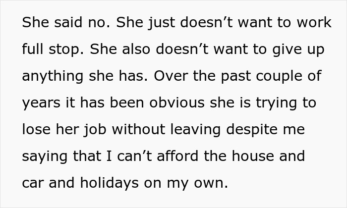 Text excerpt discussing a woman refusing to quit work and the financial strain on the family as a tradwife lifestyle is considered. Text excerpt discussing a woman refusing to quit work and the financial strain on the family as a tradwife lifestyle is considered.