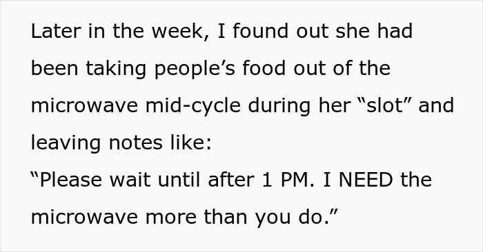 Note left by coworker reserving microwave due to dietary needs, asking others to wait until after 1 PM to use it. Note left by coworker reserving microwave due to dietary needs, asking others to wait until after 1 PM to use it.