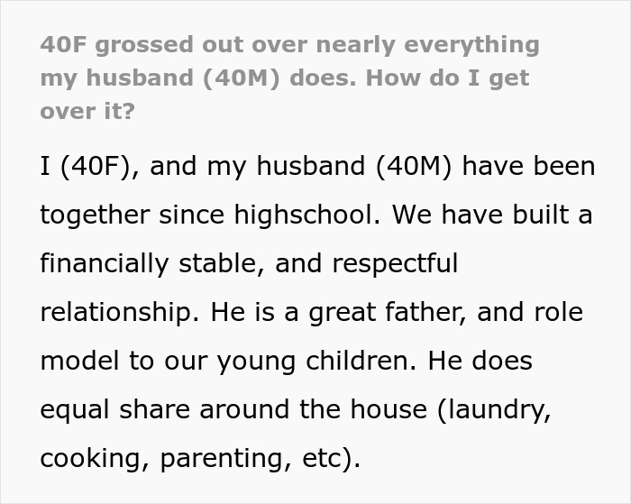 Alt text: Wife feeling grossed out by husband struggles with how to come back in their relationship. Alt text: Wife feeling grossed out by husband struggles with how to come back in their relationship.