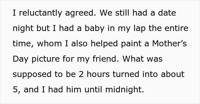 Text excerpt describing a babysitting experience during a date night, highlighting challenges of vacation without kids babysitting.