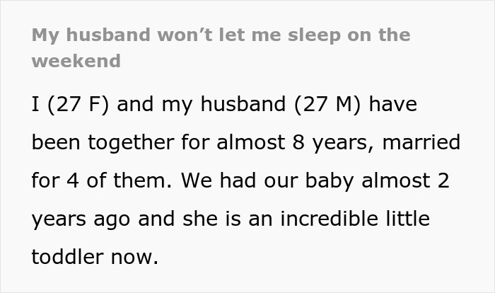 Text on a screen describing a wife’s complaint about her husband not letting her sleep on weekends, highlighting one-sided effort. Text on a screen describing a wife’s complaint about her husband not letting her sleep on weekends, highlighting one-sided effort.