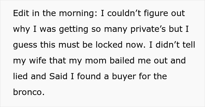 Text excerpt describing a man deceiving his postpartum wife to buy a 1972 Ford Bronco for $23K. Text excerpt describing a man deceiving his postpartum wife to buy a 1972 Ford Bronco for $23K.