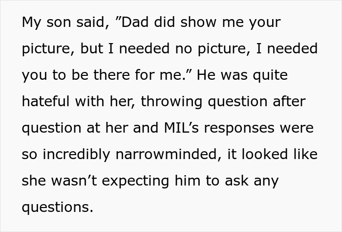 Text showing a son expressing hurt over absent grandma’s lack of presence and narrowminded responses during reconnection attempt. Text showing a son expressing hurt over absent grandma’s lack of presence and narrowminded responses during reconnection attempt.
