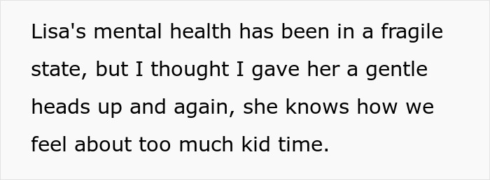 Text excerpt about a child-free lady warning her sister against too much babysitting and its impact on mental health. Text excerpt about a child-free lady warning her sister against too much babysitting and its impact on mental health.