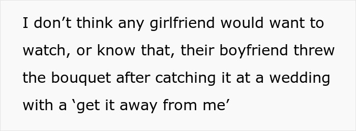 Boyfriend throwing bouquet at wedding, bride reacting with surprise and a ‘get it away from me’ expression. Boyfriend throwing bouquet at wedding, bride reacting with surprise and a ‘get it away from me’ expression.