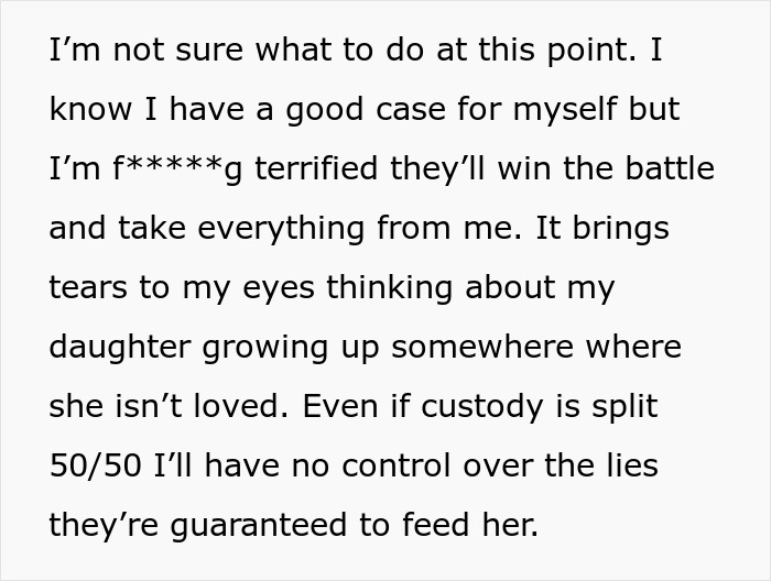 Emotional text about fears of losing custody and manipulation in a family dispute involving pregnant daughter-in-law. Emotional text about fears of losing custody and manipulation in a family dispute involving pregnant daughter-in-law.