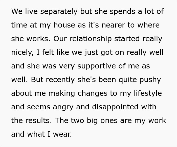 Text describing girlfriend behaviour change in a relationship showing concerns about lifestyle and appearance.