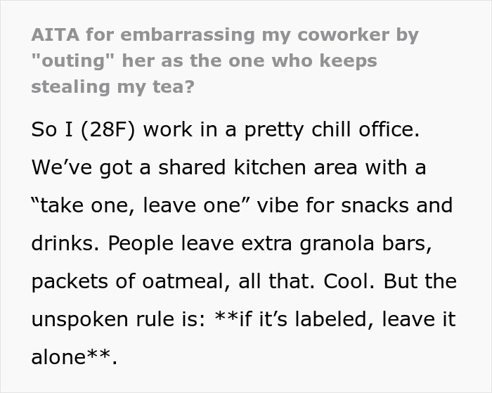 Coworker caught stealing tea in office kitchen with shared snacks and unspoken labeling rules at work. Coworker caught stealing tea in office kitchen with shared snacks and unspoken labeling rules at work.