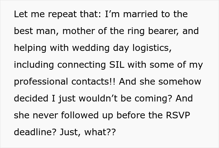 Mother of ring bearer shocked and excluded from wedding guest list despite RSVP and helping with logistics. Mother of ring bearer shocked and excluded from wedding guest list despite RSVP and helping with logistics.