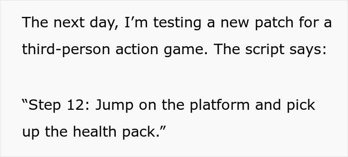 Text showing a tester working on exploratory testing for a third-person action game patch, encountering bugs.