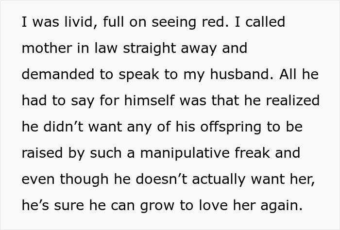 Screenshot of a message describing a mother-in-law accusing pregnant daughter-in-law of manipulating baby's gender causing divorce filing. Screenshot of a message describing a mother-in-law accusing pregnant daughter-in-law of manipulating baby's gender causing divorce filing.