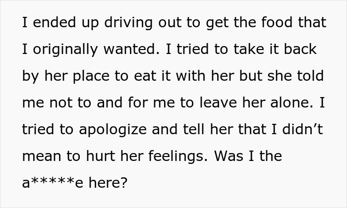 Man driving to get food after refusing to eat vegan meal from girlfriend on her birthday, trying to apologize.